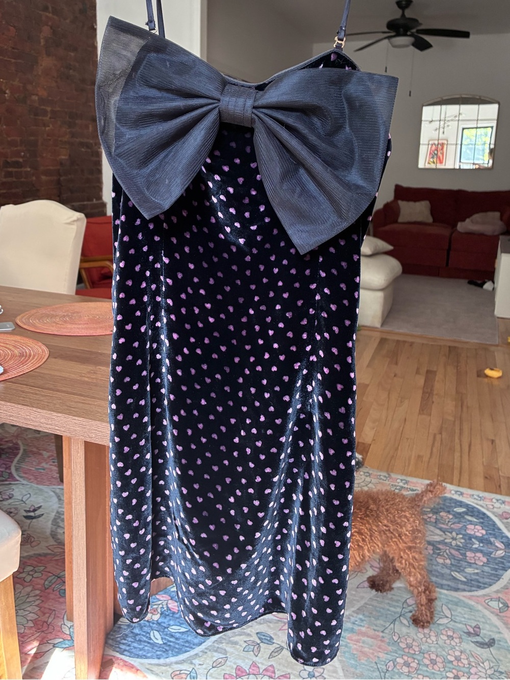 LoveShackFancy Black Velvet Dress with Pink Heart Print and Large Black Bow